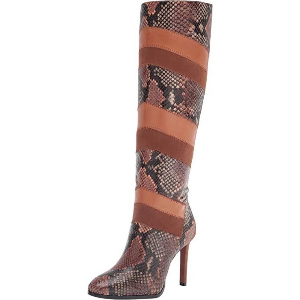 #11Vince Camuto Saraalan Women's Leather Mixed Media Snake Print Knee High Boots - Picture 2 of 10